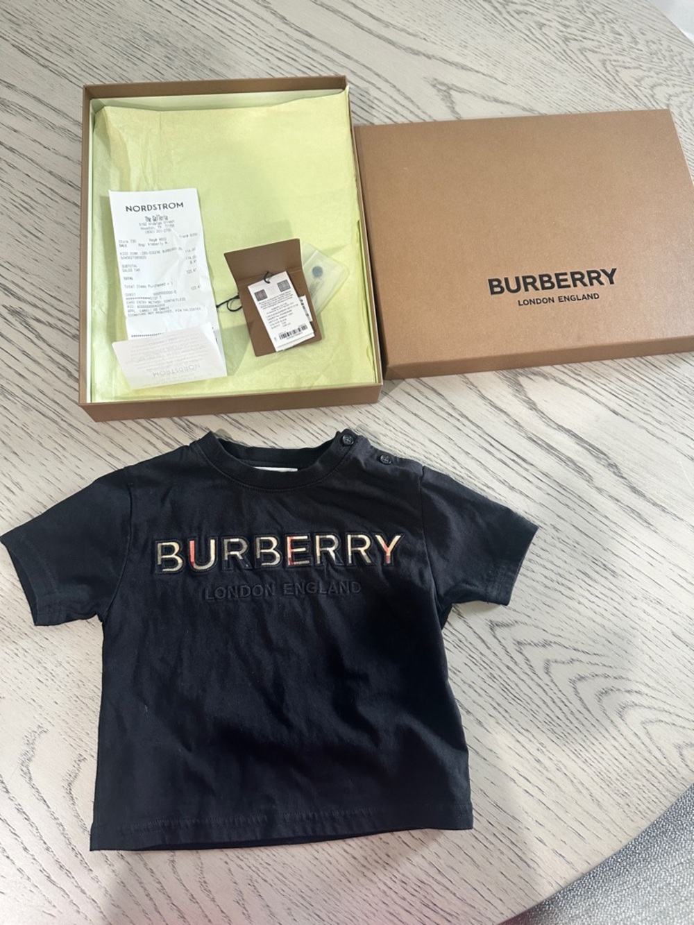 Eugene Burberry Kids Black Tee with Multicolor Logo